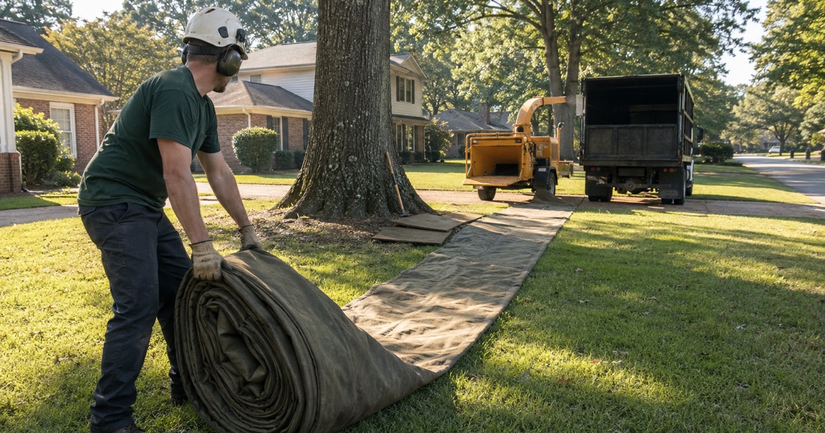Worker walking out the ground protection tarp under a white oak at the start of a Madison job.