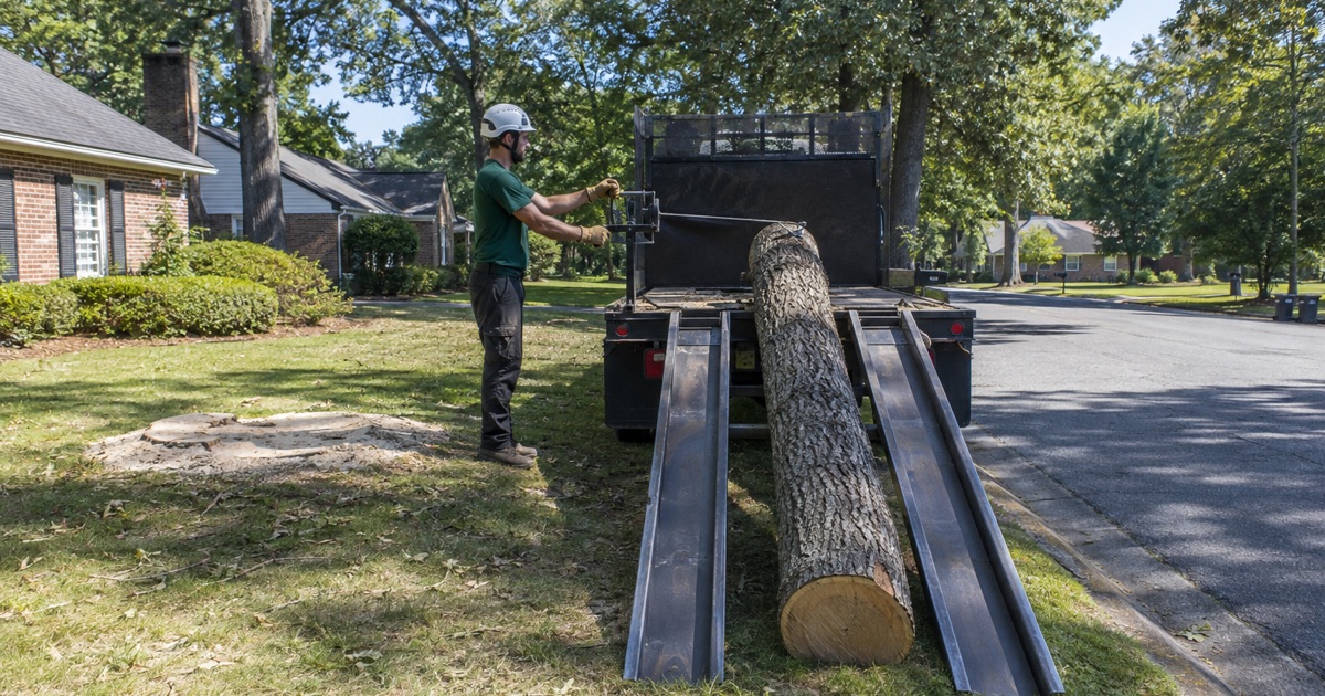 Worker at the winch drum drawing the last white oak log up the ramps onto the truck at the end of a Madison job.