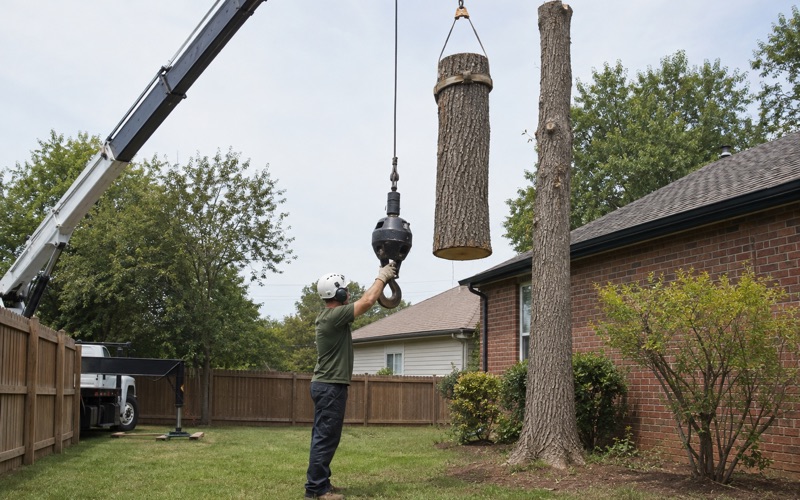 Worker steadying the crane hook block before it meets the choker on a white oak spar in a tight Madison back lot.