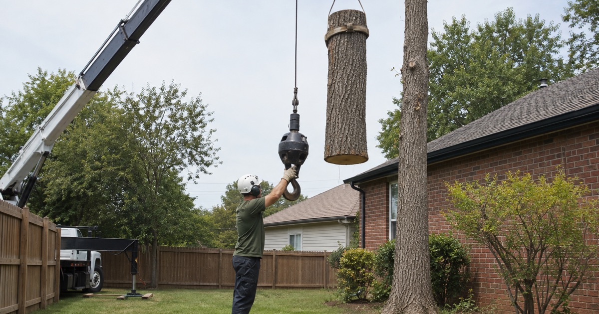 Worker steadying the crane hook block before it meets the choker on a white oak spar in a tight Madison back lot.
