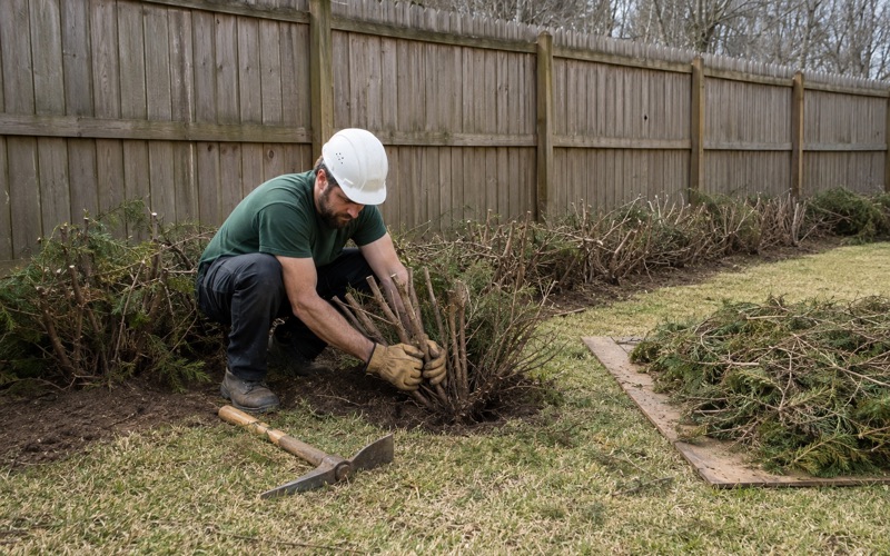 Worker rocking a cut eastern red cedar hedge stem cluster loose along a Madison boundary planting.