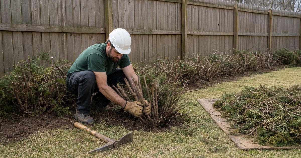 Worker rocking a cut eastern red cedar hedge stem cluster loose along a Madison boundary planting.