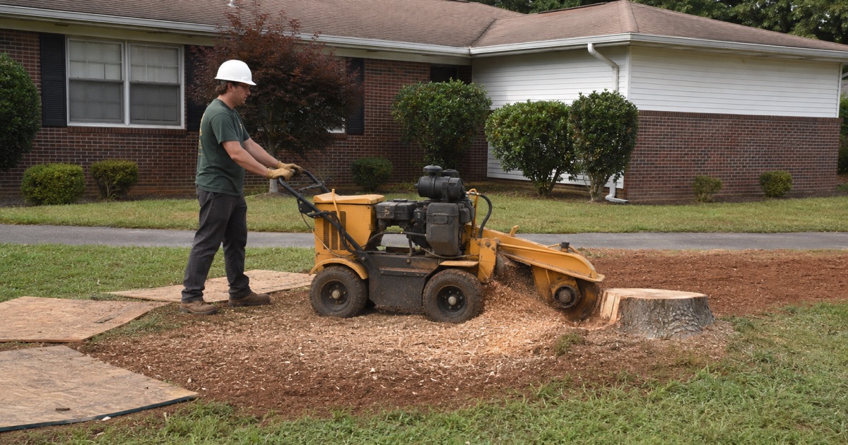 Worker sweeping the grinder wheel across a silver maple stump face in a Madison front yard.