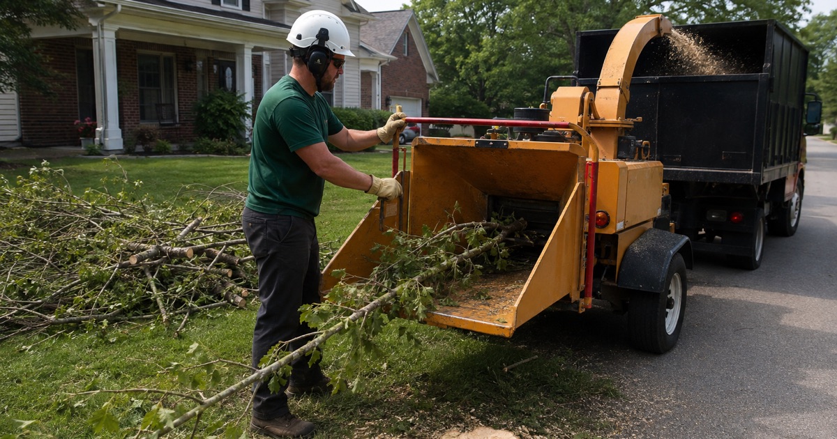 Worker at the chipper’s control bar feeding cut limbs in from the side of the infeed on a Madison driveway apron.