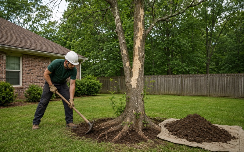 Worker opening the root collar of a declining green ash with a mattock in a Madison back yard.