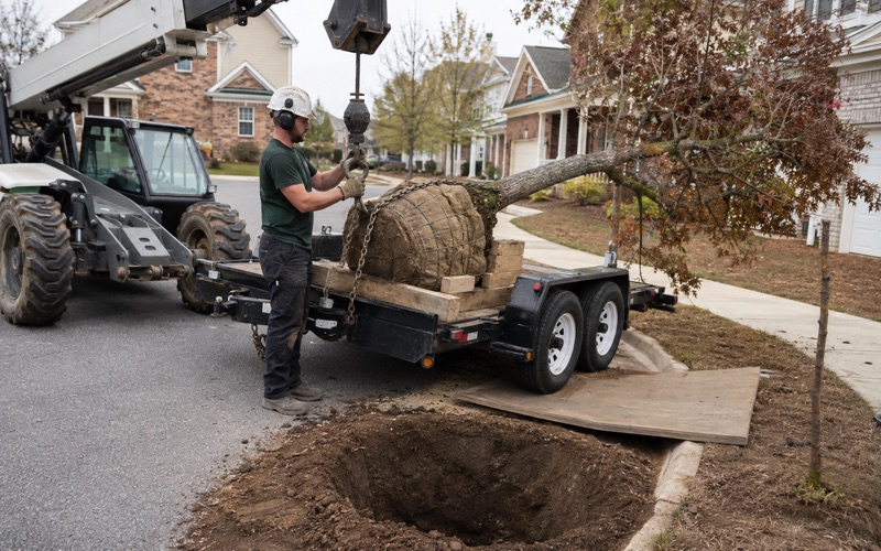 Worker bringing the chain sling hook to a balled willow oak on a trailer at a Madison street verge.