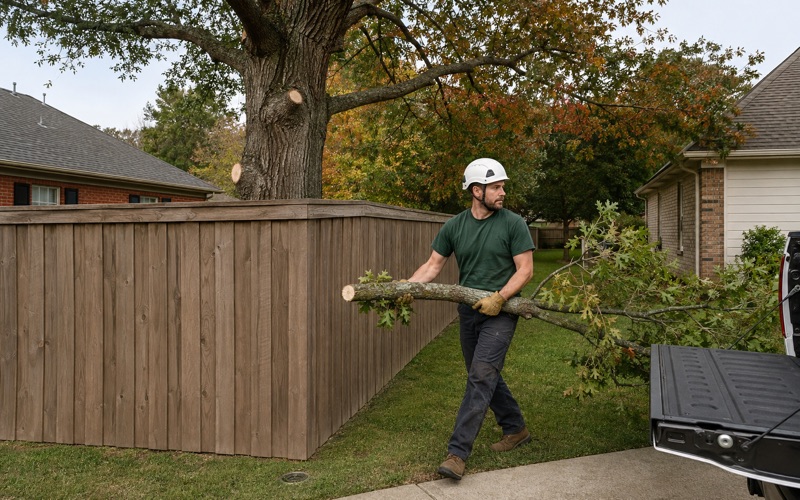 Worker carrying a cut limb butt back from a Madison boundary where the pruning stopped on the line.