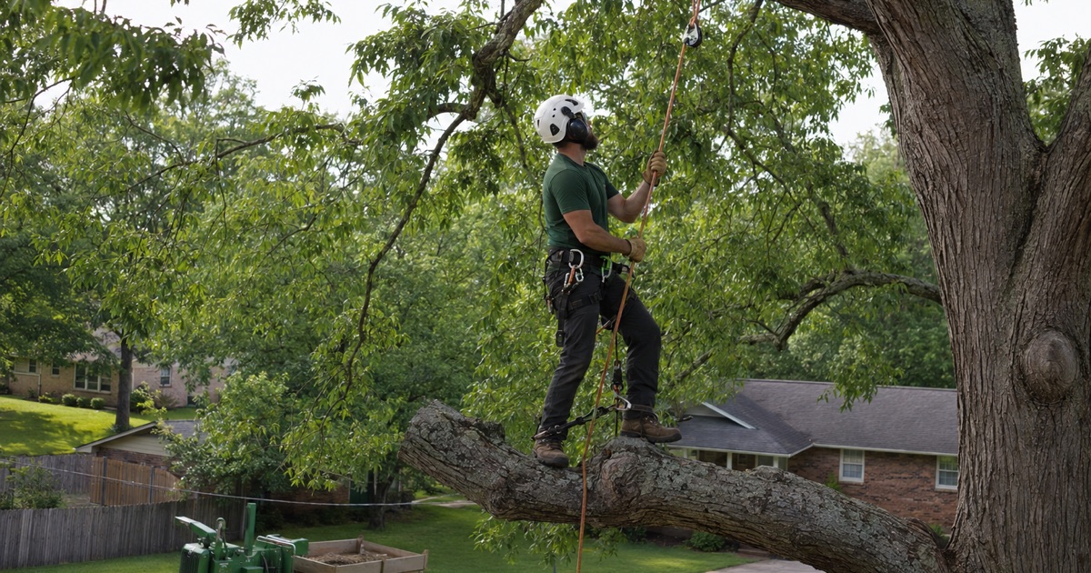 Climber holding his loaded climbing line at the bridge, tied in above the shagbark hickory limb he is standing on.