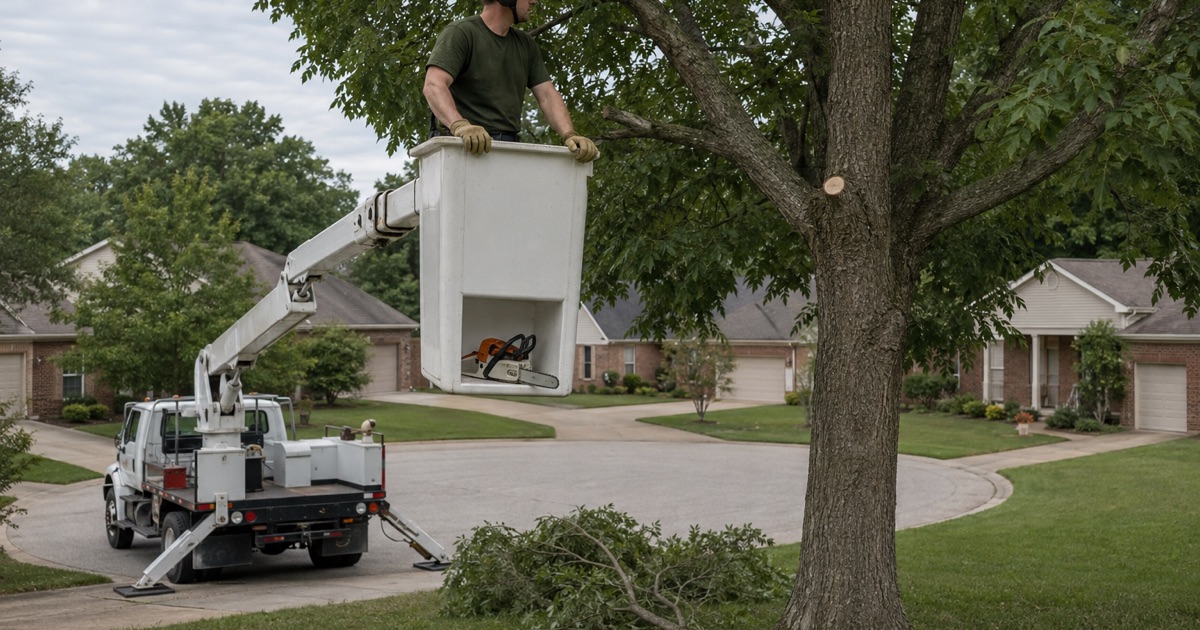 Worker in an aerial bucket sighting the next reduction cut in a pignut hickory over a Madison cul-de-sac.
